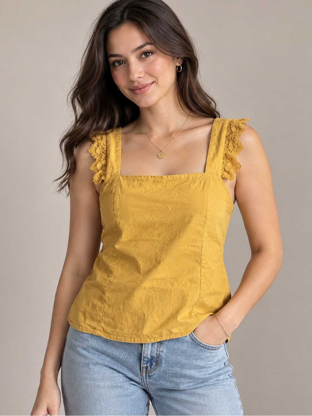 Square Neck Lace Strap Camisole in Mustard